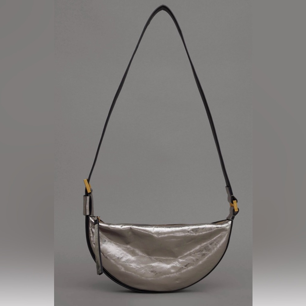 AllSaints Metallic Silver Crescent Half Moon Shoulder Bag